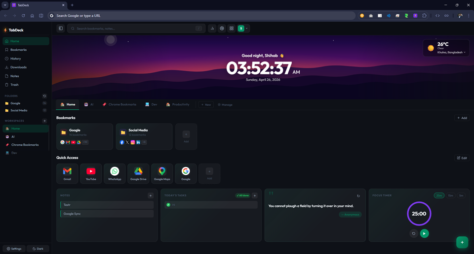 TabDeck new tab dashboard showing workspaces, bookmarks, notes and tasks