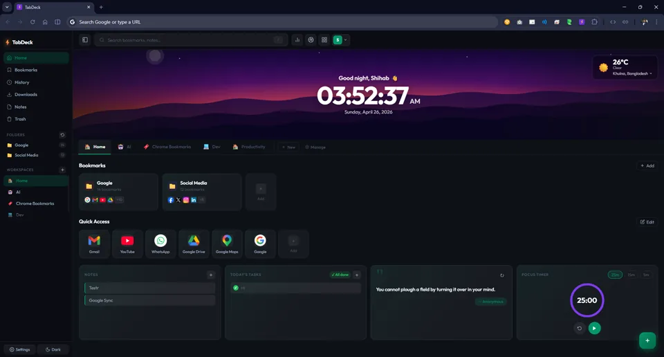 TabDeck new tab dashboard showing workspaces, quick access tiles, bookmarks, notes and tasks
