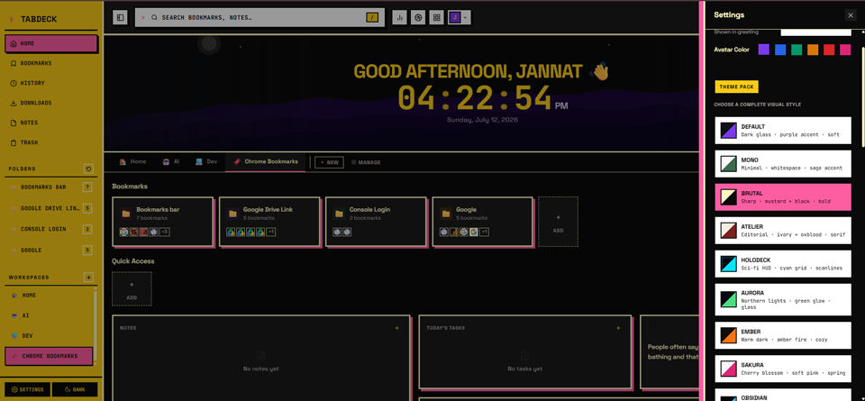 TabDeck theme picker showing several of the 10 available themes