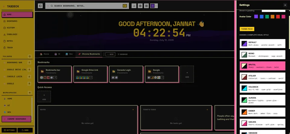 TabDeck theme picker showing several of the 10 available themes