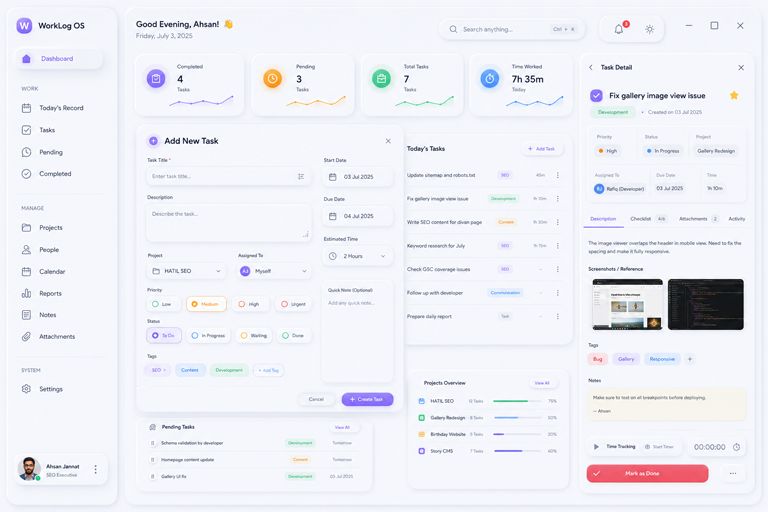 WorkLog OS Add Task form and Task Detail panel