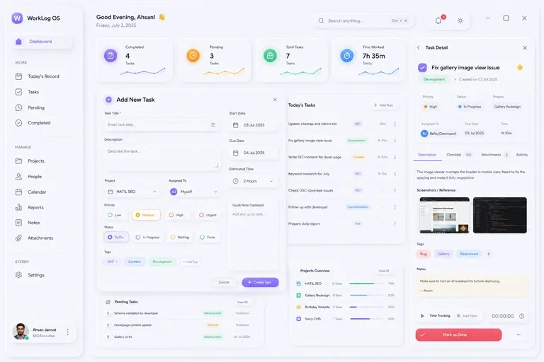 WorkLog OS Add Task form and Task Detail panel
