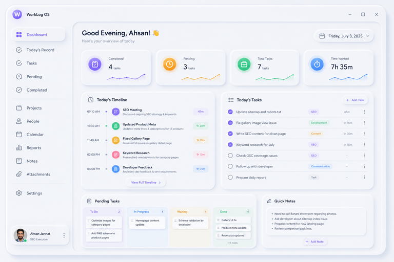 WorkLog OS dashboard showing task list, time tracking and productivity stats