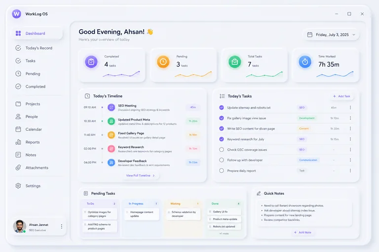 WorkLog OS dashboard showing task list, time tracking and productivity stats